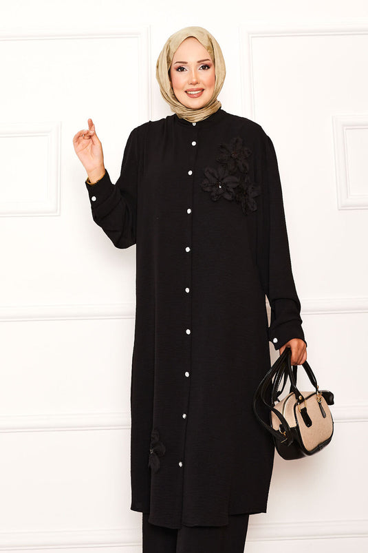 Floral Detailed Buttoned Two Piece Suit Black