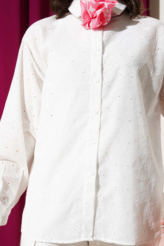 Flower Detailed Embroidered Shirt Ecru