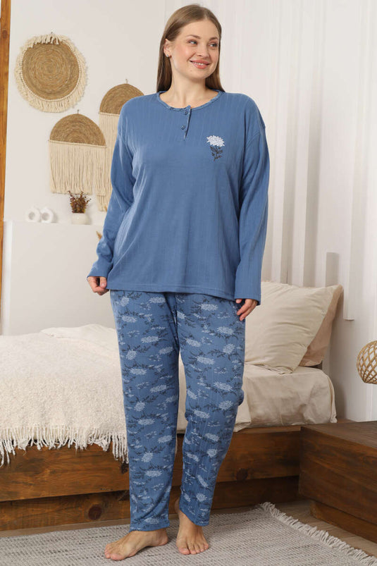 Ensemble de pyjama pour femme grande taille avec détails floraux indigo