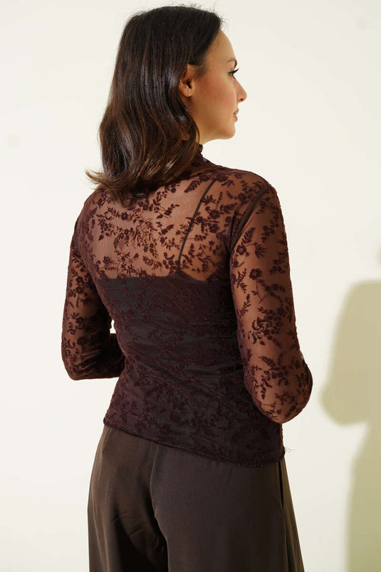 Tuleblouse met plooien en bloemmotief in donkerbruin