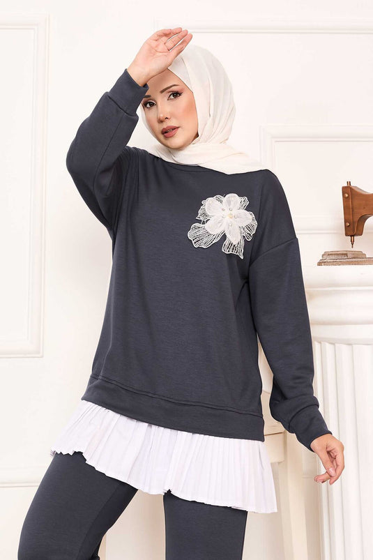 Oysho Suit Gray with Pleated Skirt and Flower Detail