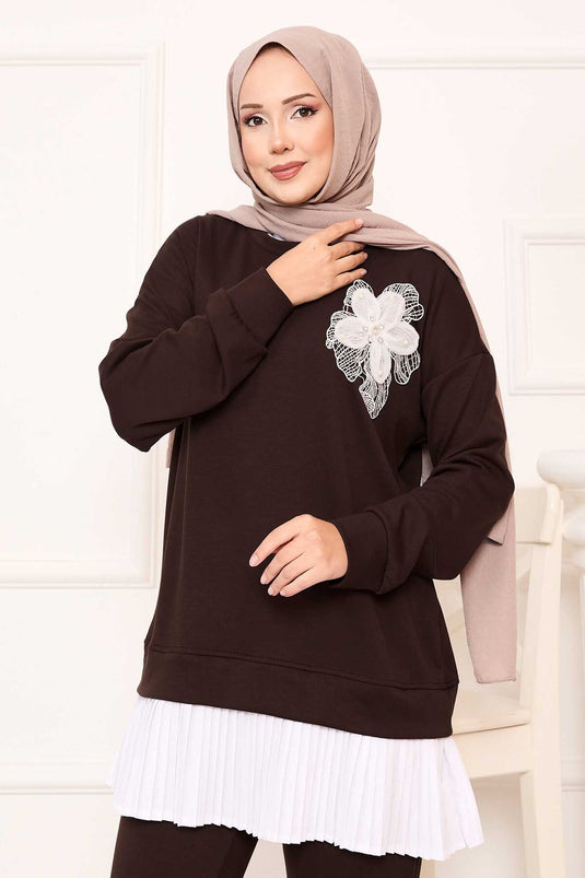 Oysho Suit Brown with Pleated Skirt and Flower Detail