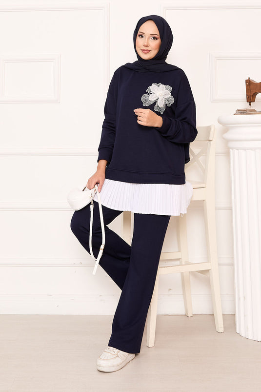 Oysho Suit with Pleated Skirt and Flower Detail, Navy Blue