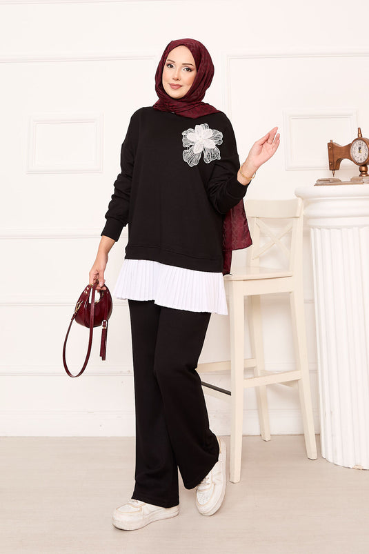 Flower Detailed Pleated Skirt Oyşo Set Black