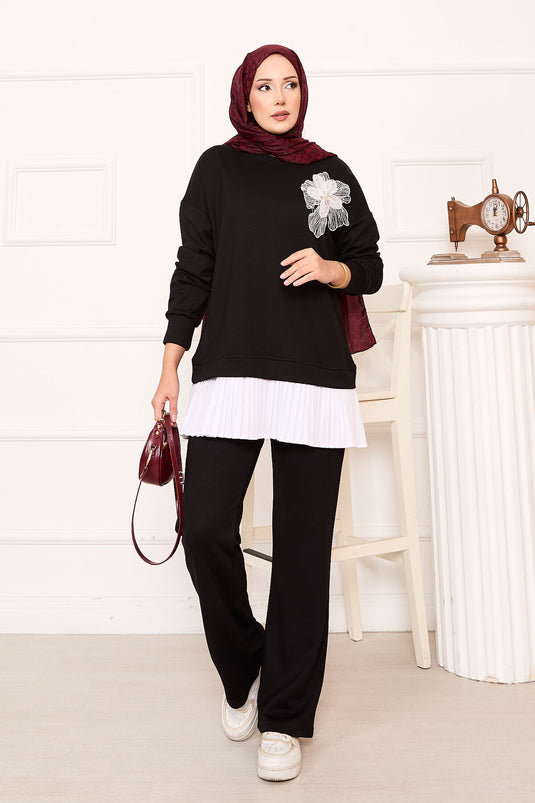 Flower Detailed Pleated Skirt Oyşo Set Black