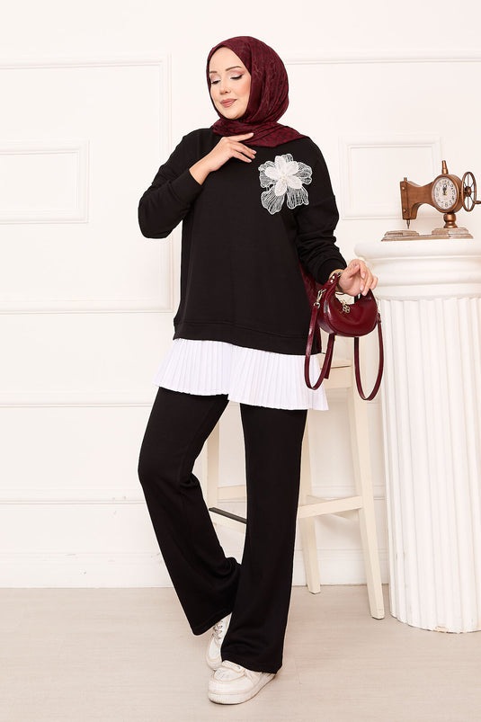 Flower Detailed Pleated Skirt Oyşo Set Black