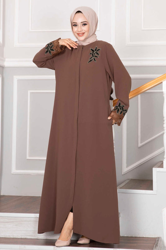 Flower Detailed Lace Covered Abaya Brown