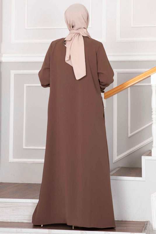 Flower Detailed Lace Covered Abaya Brown