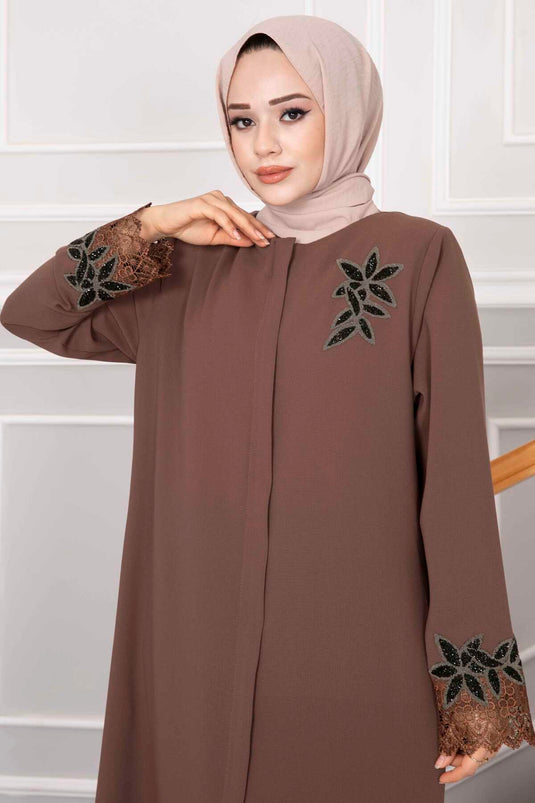 Flower Detailed Lace Covered Abaya Brown