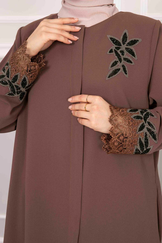 Flower Detailed Lace Covered Abaya Brown