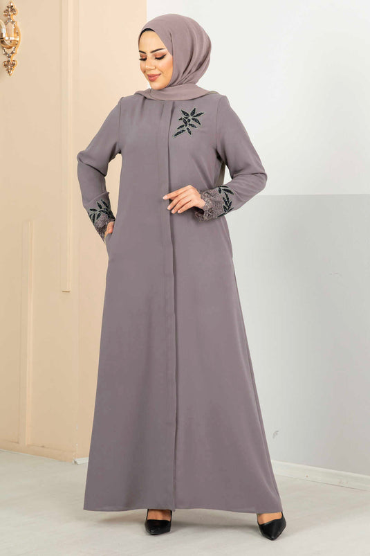 Çiçek Detaylı Güpürlü Tesettür Ferace Vizon