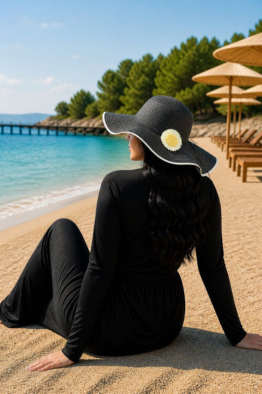 Black Straw Beach Hat With Floral Details