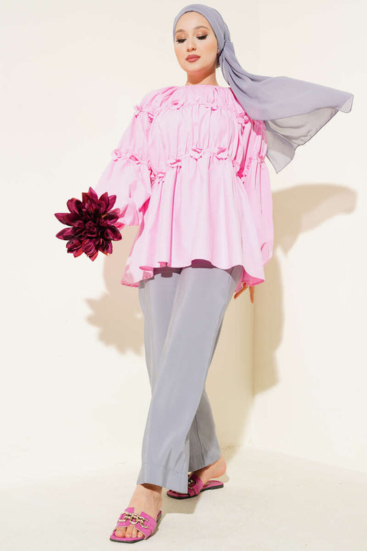 Çiçek Detaylı Kol Lastikli Tunik Pembe