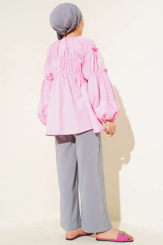 Çiçek Detaylı Kol Lastikli Tunik Pembe