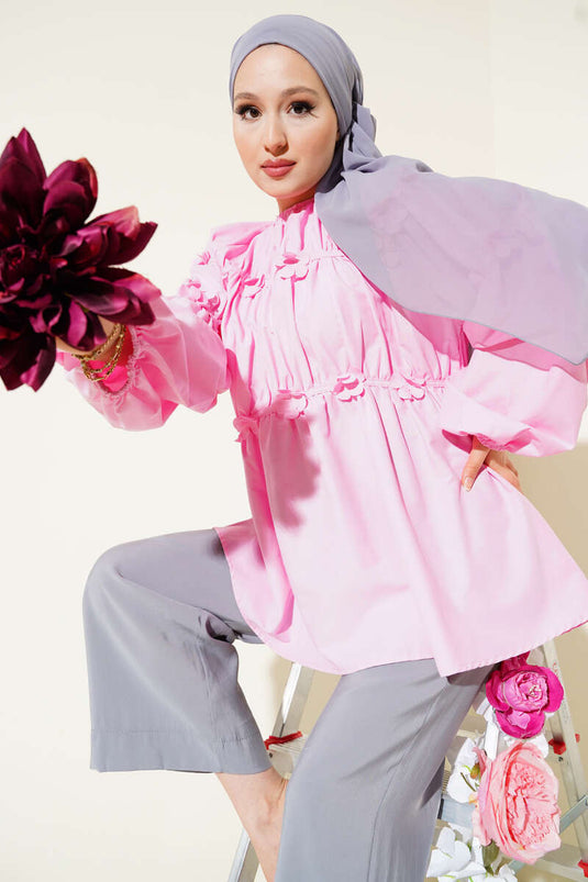 Çiçek Detaylı Kol Lastikli Tunik Pembe