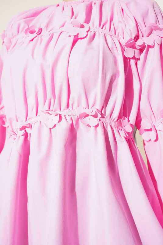 Çiçek Detaylı Kol Lastikli Tunik Pembe