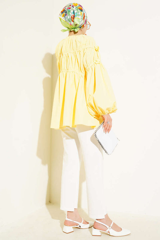 Çiçek Detaylı Kol Lastikli Tunik Sarı