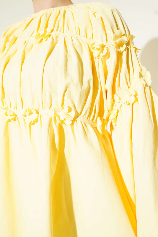 Çiçek Detaylı Kol Lastikli Tunik Sarı