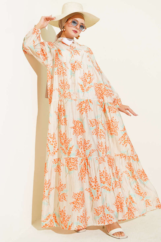 Orange Half-Button Dress with Floral Details