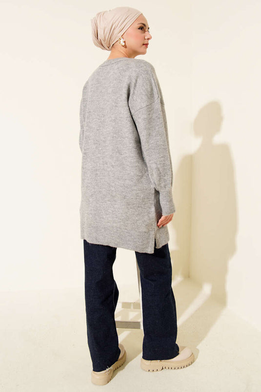 Tunique en tricot doux à détails floraux grise