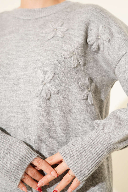 Tunique en tricot doux à détails floraux grise