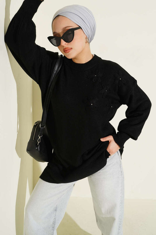 Çiçek Detaylı Yumoş Triko Tunik Siyah