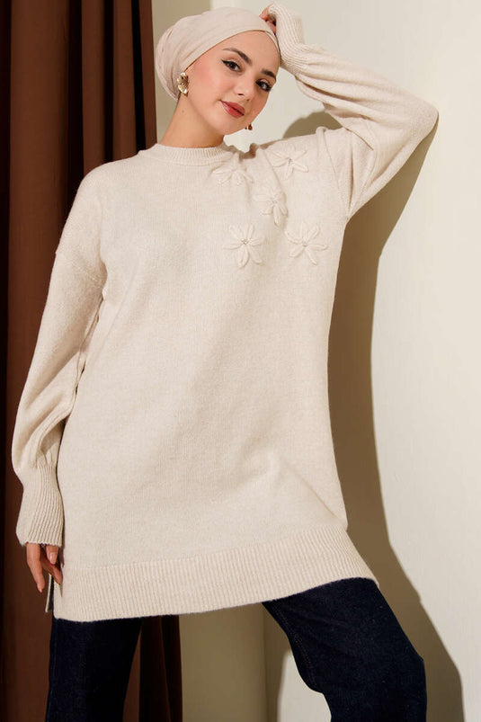 Tunique en tricot doux à fleurs détaillées Stone