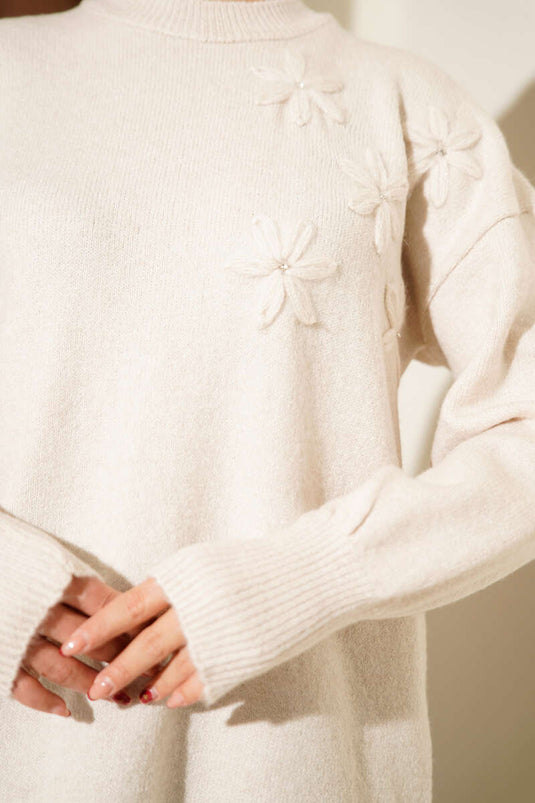 Tunique en tricot doux à fleurs détaillées Stone