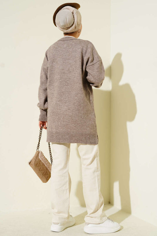 تونيك محبوك ناعم بتفاصيل زهرية، لون المنك