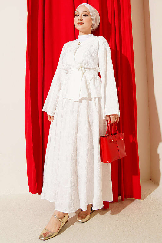 Floral Stitched Belted Skirt Two-Piece Set White