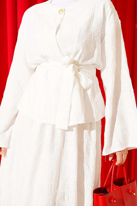 Floral Stitched Belted Skirt Two-Piece Set White
