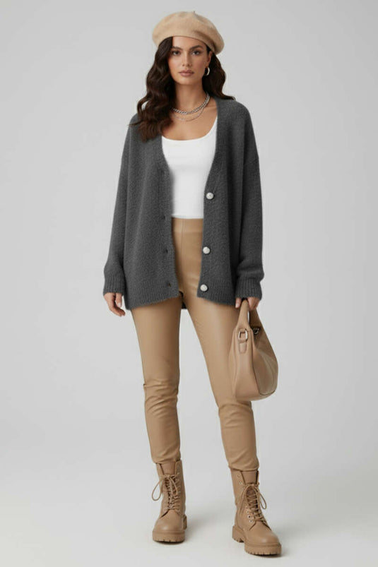 Gebreid vest met bloemen- en knoopdetails, donkergrijs