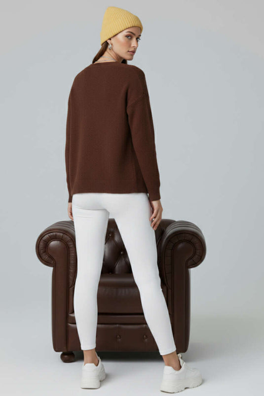 Çiçek Düğme Detaylı Triko Hırka Kahve