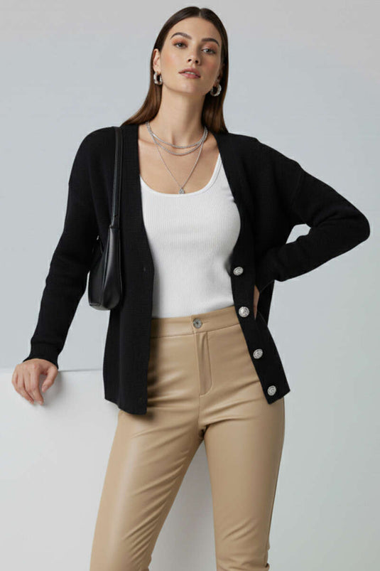 Çiçek Düğme Detaylı Triko Hırka Siyah