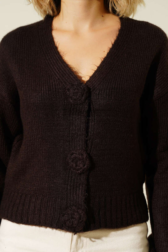 Short Knit Cardigan with Floral Buttons, Brown
