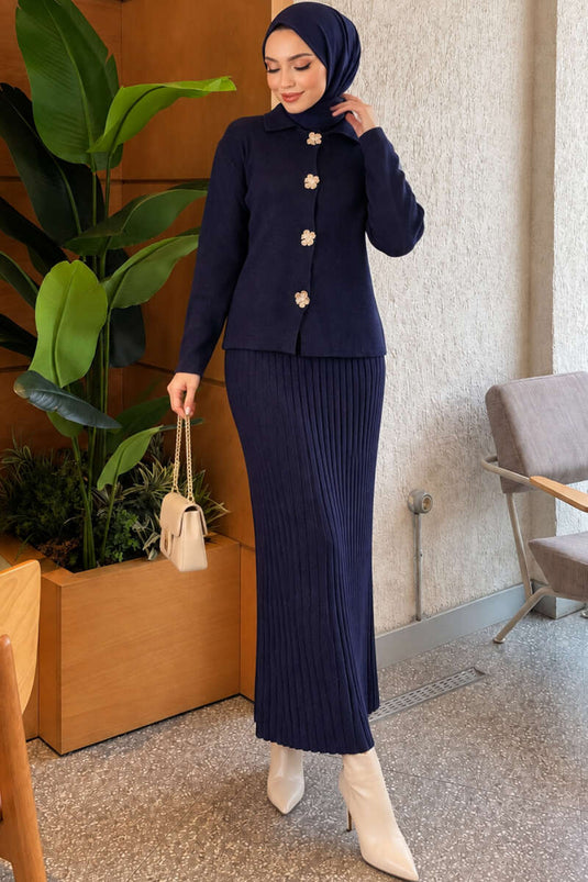 Ensemble Jupe En Tricot À Boutons Or Floral Marine