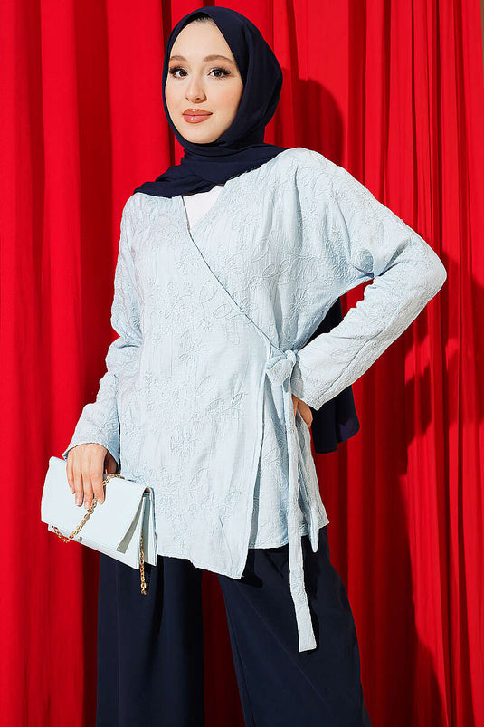 Çiçek İşlemeli Bağlamalı Kimono Bebe Mavi