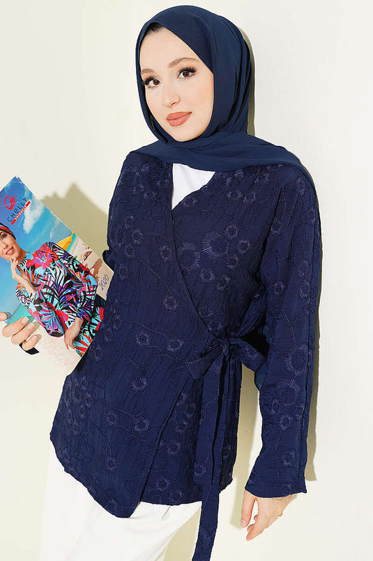 Çiçek İşlemeli Bağlamalı Kimono Lacivert