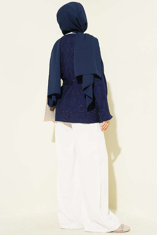 Çiçek İşlemeli Bağlamalı Kimono Lacivert