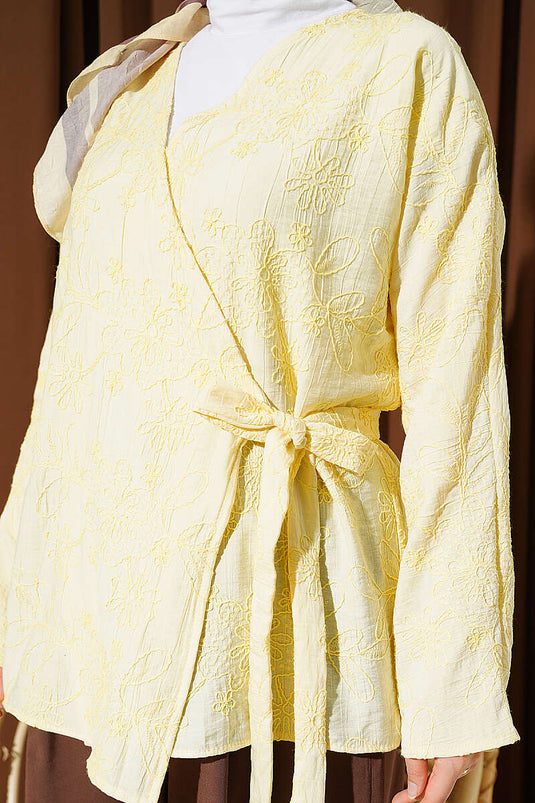 Çiçek İşlemeli Bağlamalı Kimono Sarı