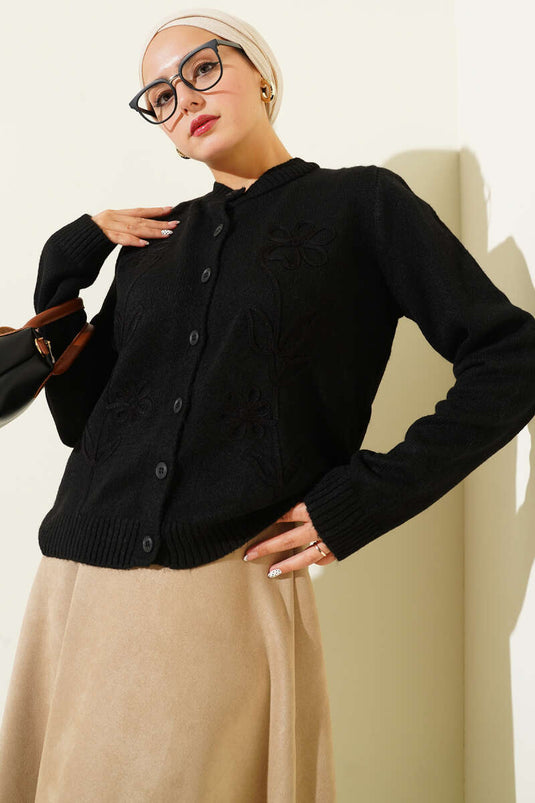 كارديجان قصير محبوك مطرز بالزهور، أسود