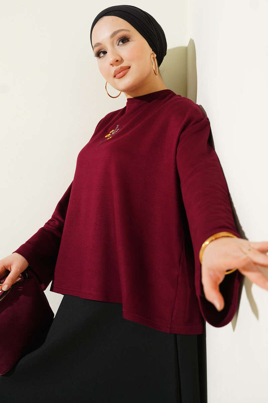 Blusa Loyşa Bordo Con Ricami Floreali