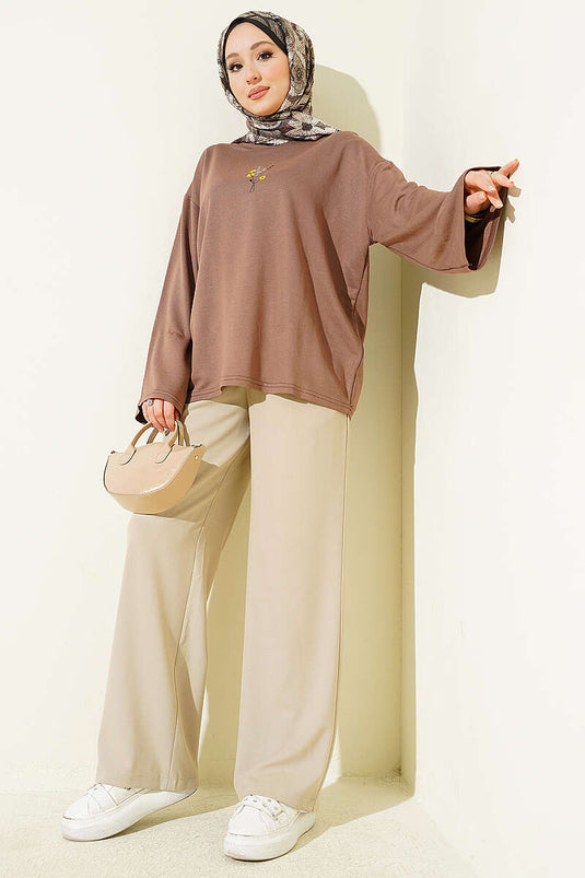 Chestnut Blouse with Floral Embroidery and Loyşa Fabric