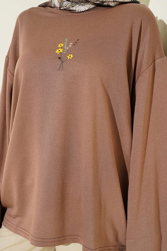 Blouse Loyşa brodée de fleurs, couleur marron châtaigne