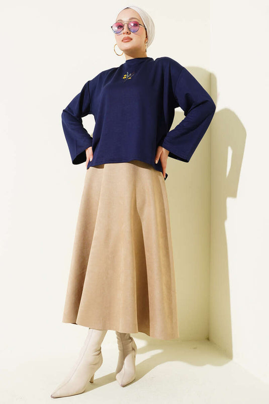 Flower Embroidered Loyşa Blouse Navy Blue