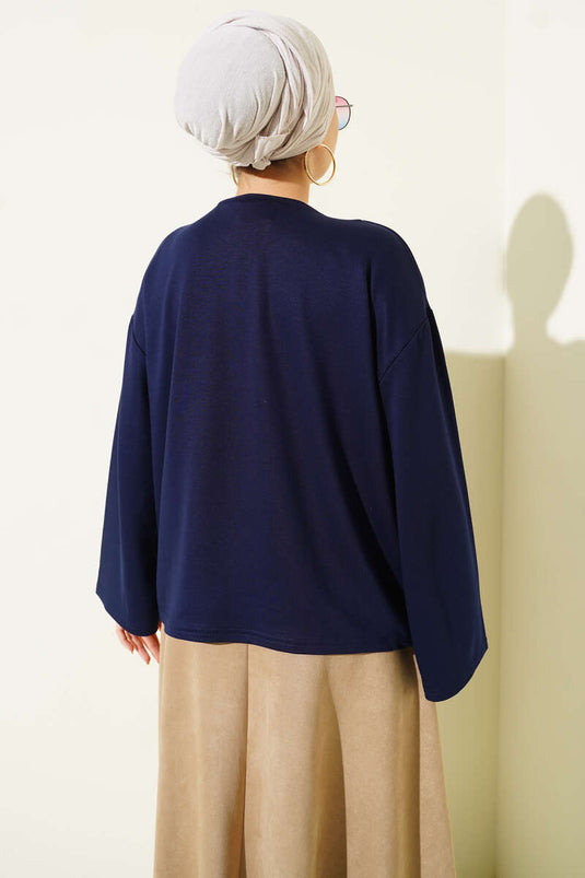 Flower Embroidered Loyşa Blouse Navy Blue