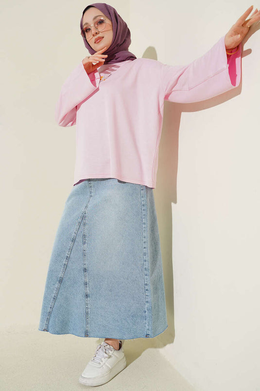 Çiçek İşlemeli Loyşa Bluz Pembe