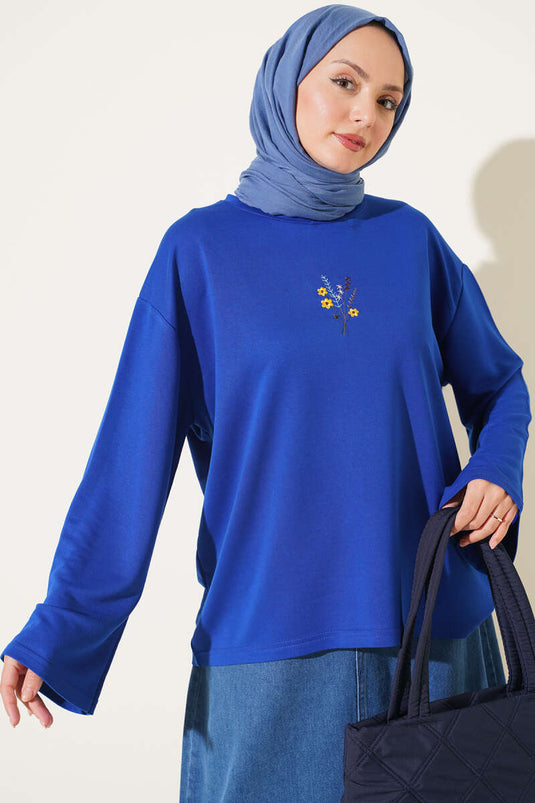 Çiçek İşlemeli Loyşa Bluz Saks