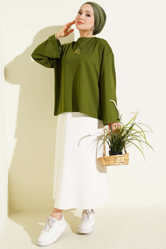 Çiçek İşlemeli Loyşa Bluz Yeşil