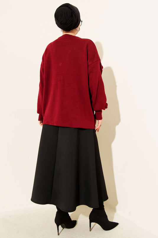 Pull en maille brodé de fleurs, bordeaux